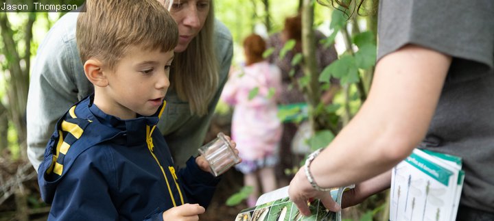Child and parent holding a bug hunt tray and exploring their findings