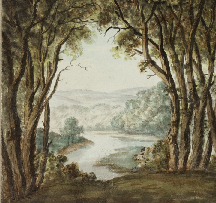 A drawing of a river seen through two frames made of trees.