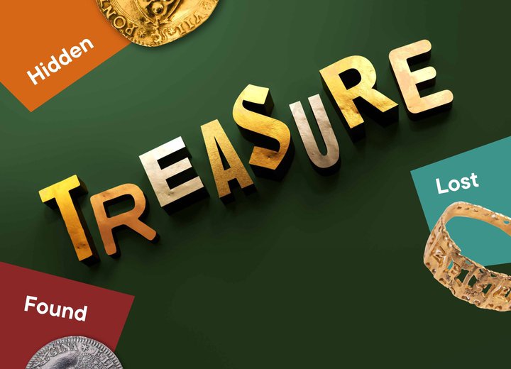 A green graphic with the words Treasure: Hidden, Lost, Found