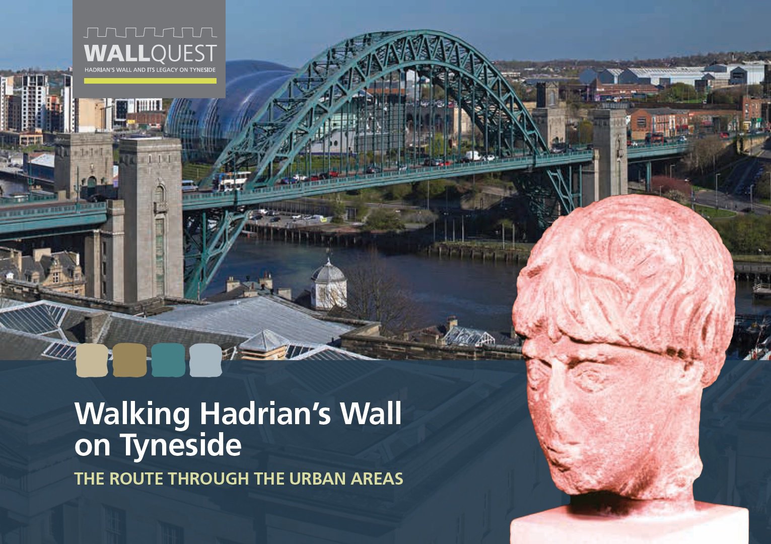 Cover of a book showing the Tyne Bridge and stone statue head of Antenociticus