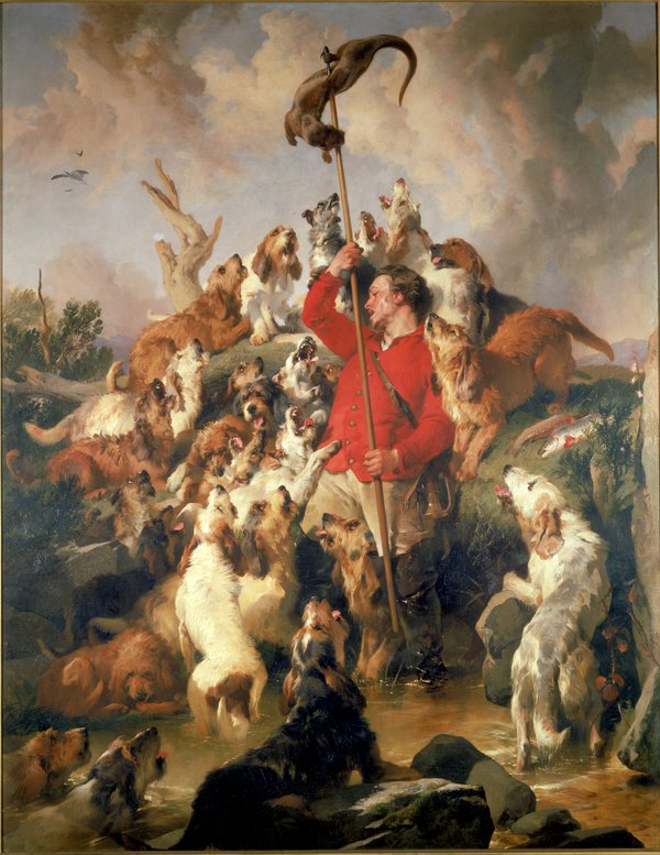 A painting of a man surrounded by hunting dogs. He has speared an otter from the hunt.