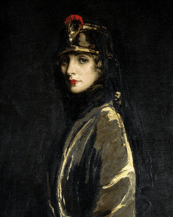 An oil painting of a woman in black and gold dress and headpiece.
