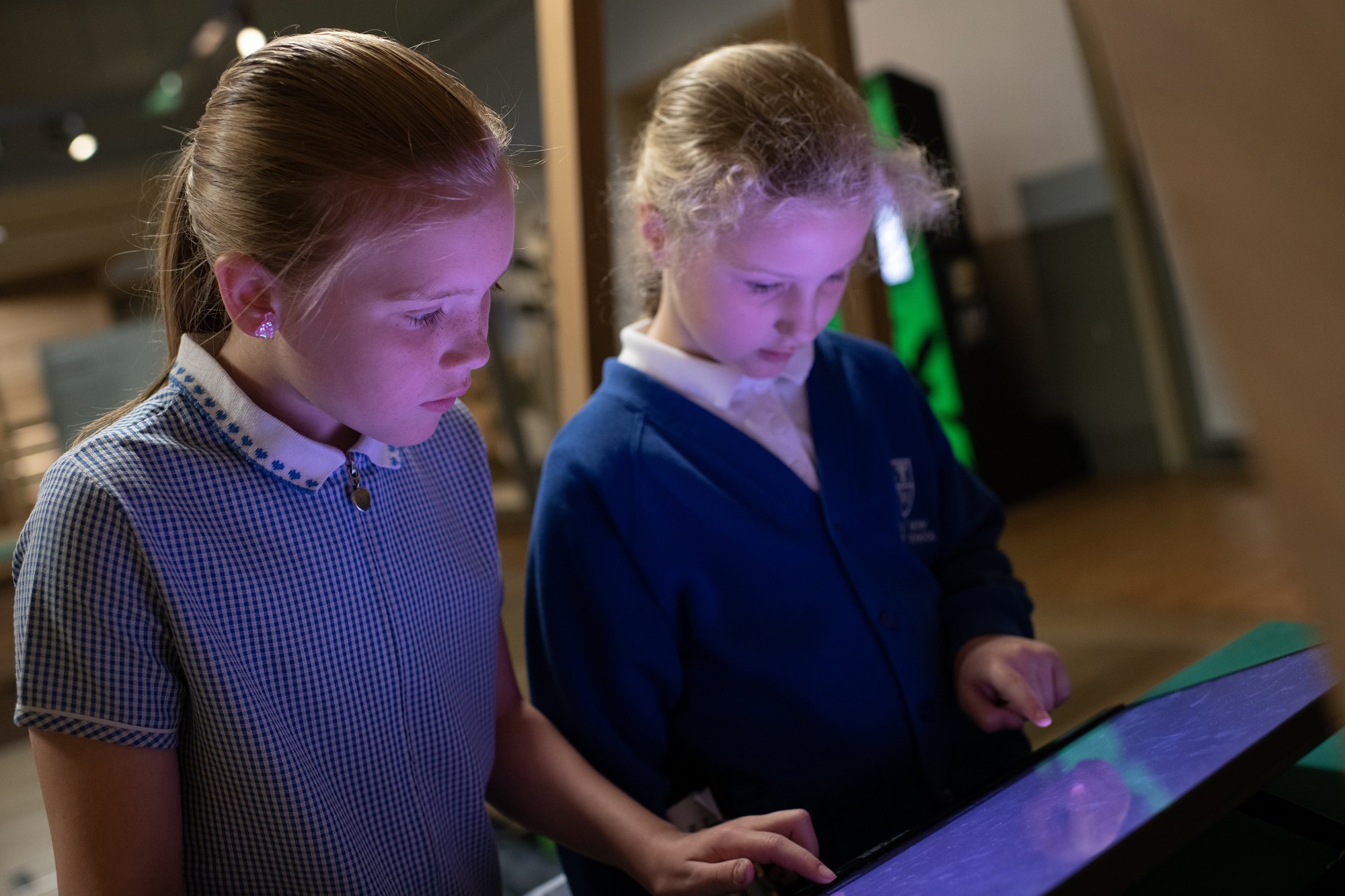 Schoolchildren looking at an interactive screen in a museum.