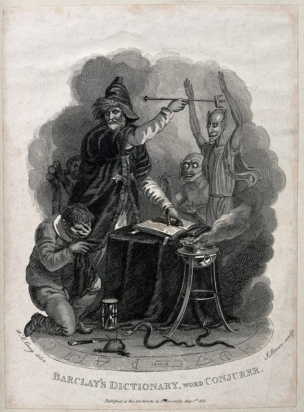 A conjurer casting spells with his wand and fire surrounded by a kneeling man and demons within the magic circle. Engraving by J. Brown after W.M. Craig, 1813. 