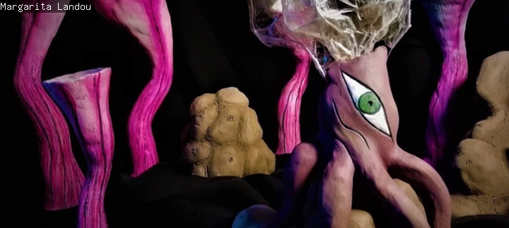 Sculpture installation of pink flutes one with eyes