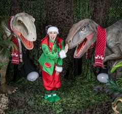 An elf with two t-rex dinos
