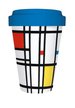 Stiped blue, yellow, and red bamboo cup