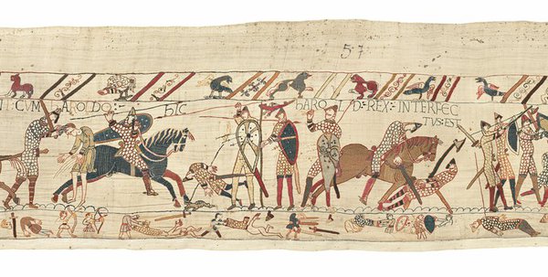 Section of the original Bayeux Tapestry &copy; La Fabrique de patrimoines en Normandie / Antoine Cazin
