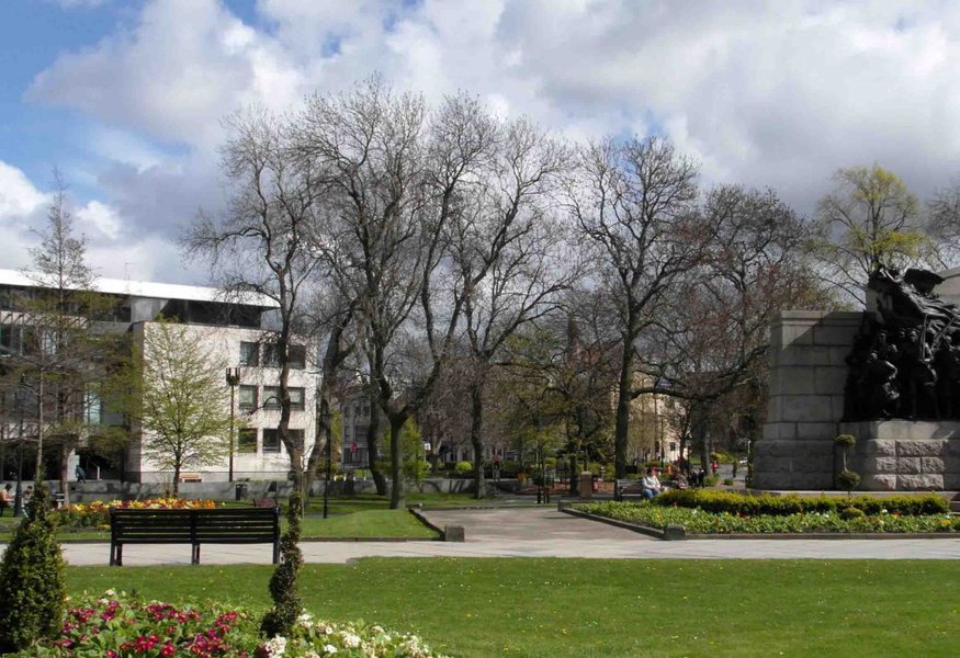 Photo of the path of Pandon Dean. The Civic Centre is on the left.. St Thomas’s Church is out of shot on the right