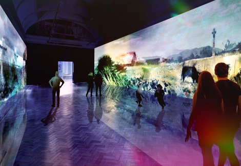 CGI of gallery space with projection on right hand wall showing a field with sheep.