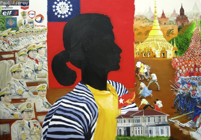 Portrait painting of Aung San suu Kyi with face painted black