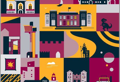 Illustrations of museum and gallery buildings, a T rex, Billy the steam Engine - all in bright orange, magenta and dark blue ,