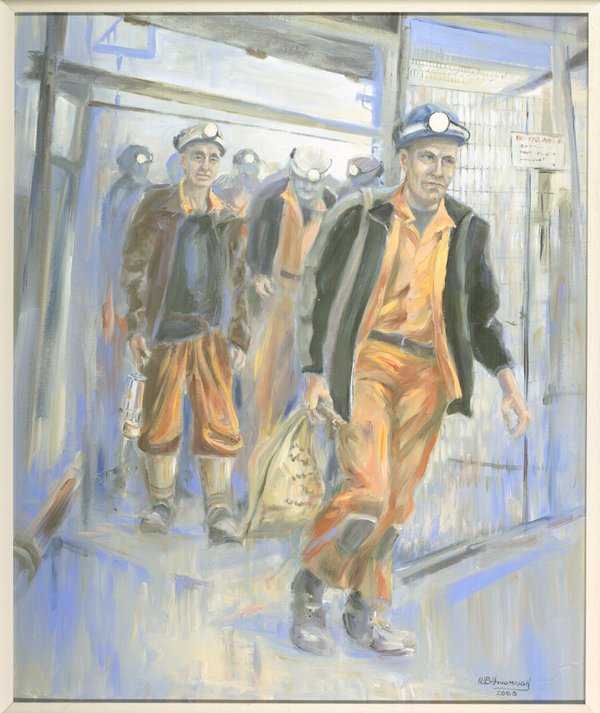 A painting of men in their mining overalls and equipment walking out of the colliery for their last shift. A painting of men in their mining overalls and equipment walking out of the colliery for their last shift.