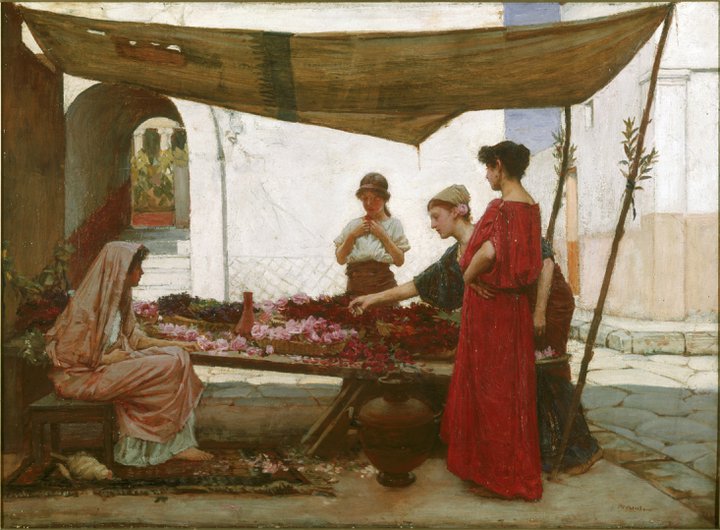 An oil painting of three women looking at flowers in an outdoor market. Another woman works the stall and sits on a small stool.