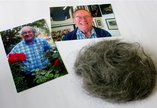 Photo of two photos - before and after a haircut and a small pile of human hair clippings