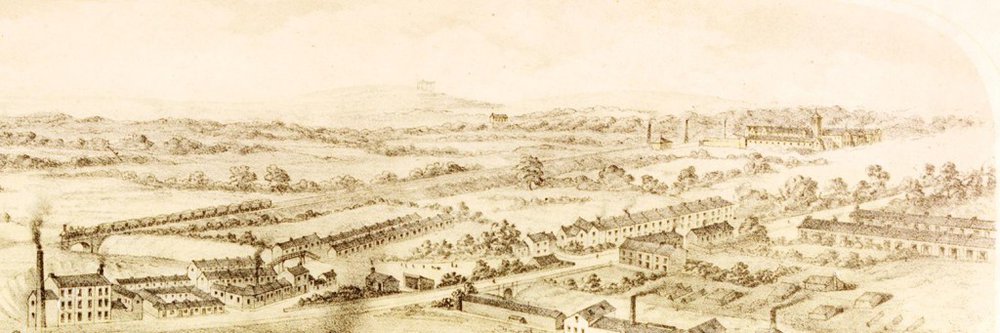 A detail from a print of Hartleys Glass Works, Sunderland by M and W Lambert showing the Glebe Engine House near the new Union Workhouse between Chester Road and Hylton Road (now the site of the Sunderland Royal Hospital), about 1855
