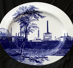 Cumbrian Blue(s), Sellafield No:9, 5/5. Transfer print collage on bone china platter with platinum, 410mm x 345mm x 24mm. Paul Scott 2005.