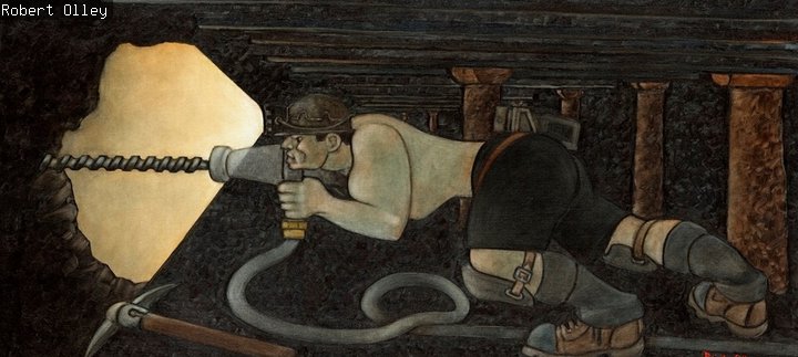 Painting of topless miner drilling the coalface
