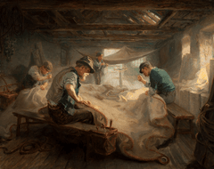 An oil painting of four men mending sails.