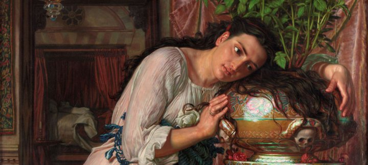 A pre-raphaelite painting of a woman clutching an ornamental pot with basil growing from it. The pot is placed on an altar. 