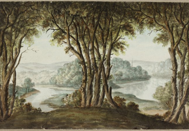 A drawing of a river seen through two frames made of trees.