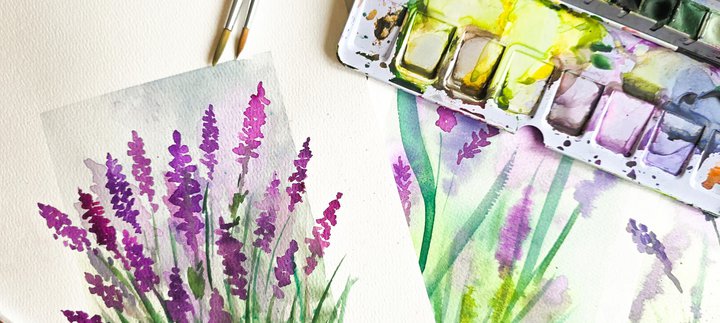 A watercolour painting of purple lavender with green stems and a watercolour pallet and paint brush next to it.