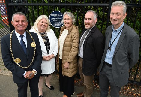 The Blue Plaque unveiling (L-R) Mayor of South Tyneside, Councillor Jay Potts, Mayoress Audrey Huntley, Author and Historian - Jean Stokes, President of the Society of Antiquaries of Newcastle upon Tyne - Don O'Meara, Museum Manager - Geoff Woodward,
