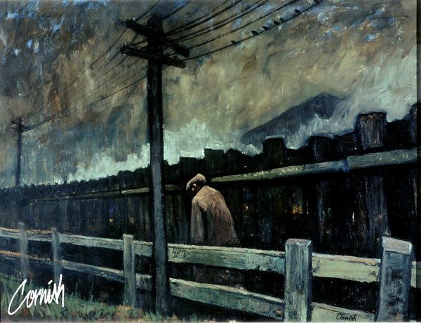 A painting of a man walking along a road with a fence in the foreground.