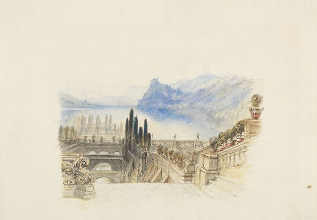 A watercolour of a palazzo with Lake Como in the background.