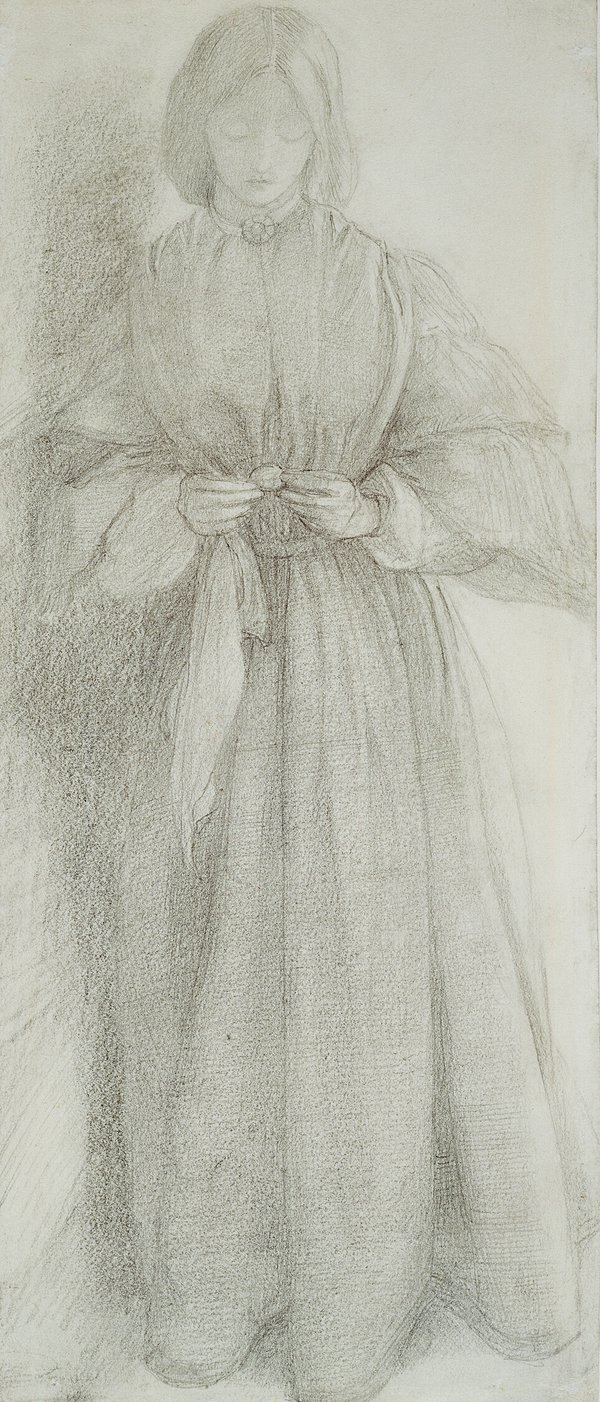 A drawing of a woman wearing a long dress is stood looking downwards towards an object in her hands.