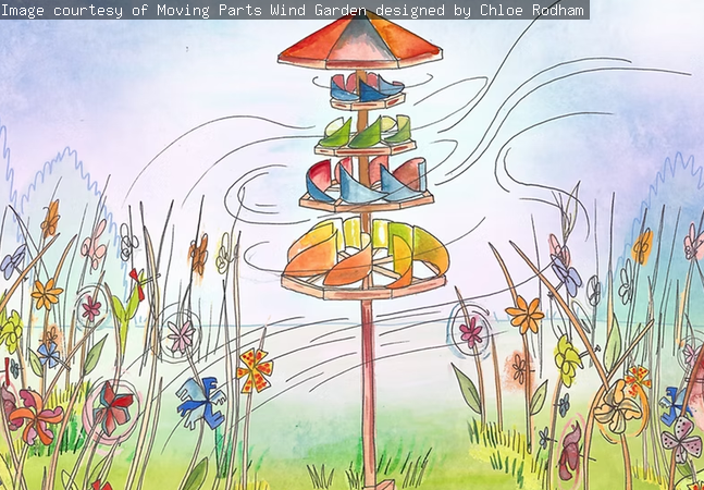 Illustration of a wind garden - a wind spinner in a garden setting.