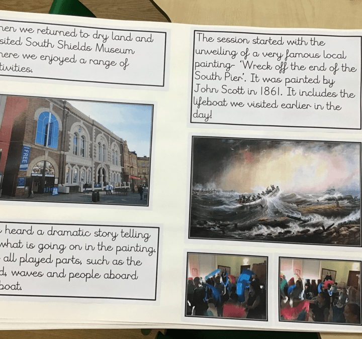 A children's note book including images and writing of a day at the museum.