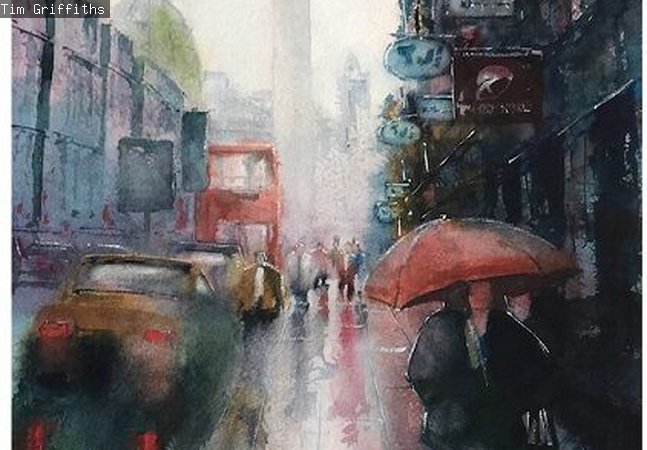 Watercolour scene of people in a street, rainy day in Newcastle.