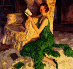 Juliet, Daughter of Richard H Fox of Surrey, reading in the glow of a fire