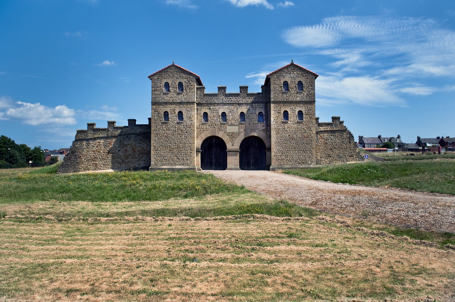 View of reconstructed stone Roman gatehouse.