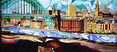 Glass painting of the Tyne Bridge and mining past 