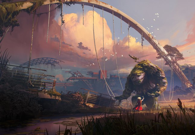 Digital painting showing apocalyptic scene of NewcastleGateshead quayside. A girl offers a rose to a large stone golem