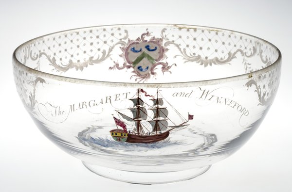 A glass bowl depicting a ship and the words 'The Margaret and Winneford'