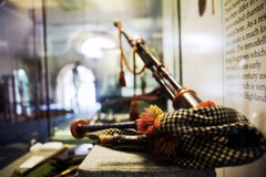 A close up of bagpipes on display 