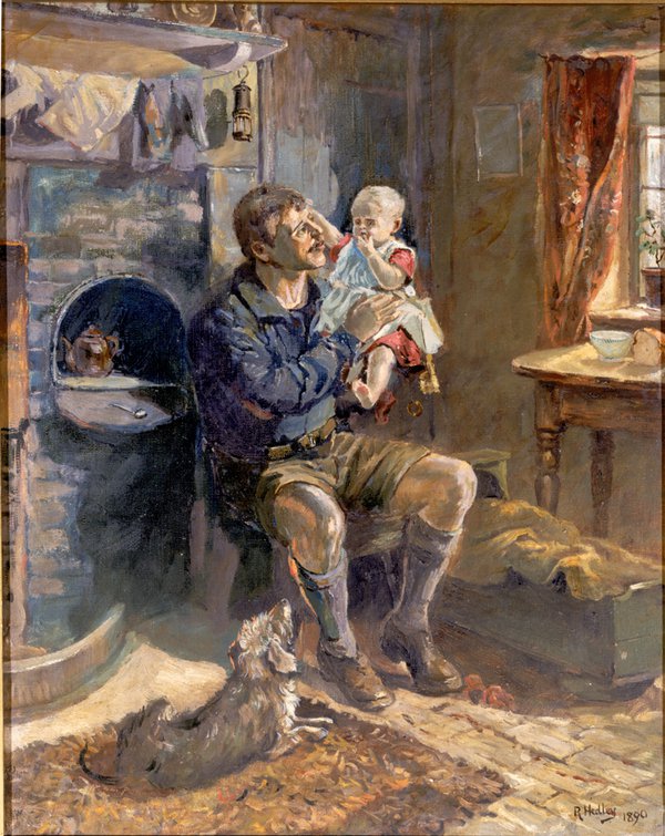 A painting of a father holding his young son.