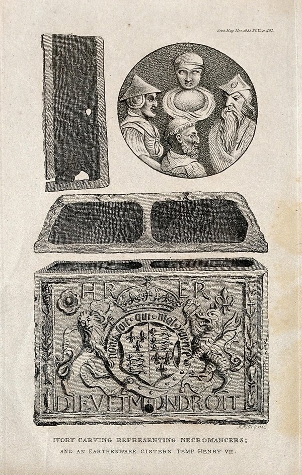 An earthenware cistern and an ivory carving representing necromancers, above. Etching by J. Mills, 1830. 