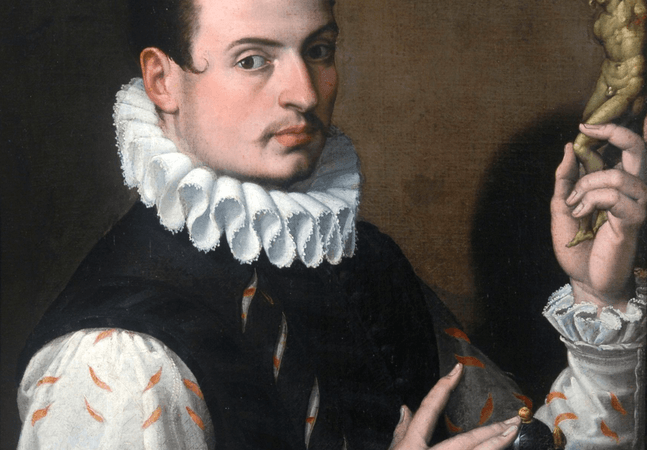 An oil painting of a young man holding a statuette