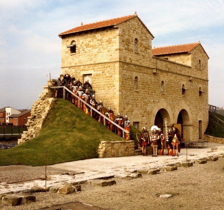 A group dressed as Roman Soldiers guard the West Gate at Arbeia Roman Fort