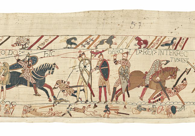 Image shows a section of the original Bayeux Tapestry © La Fabrique de patrimoines en Normandie / Antoine Cazin
