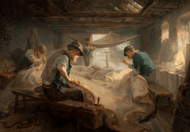 An oil painting of four men mending sails.