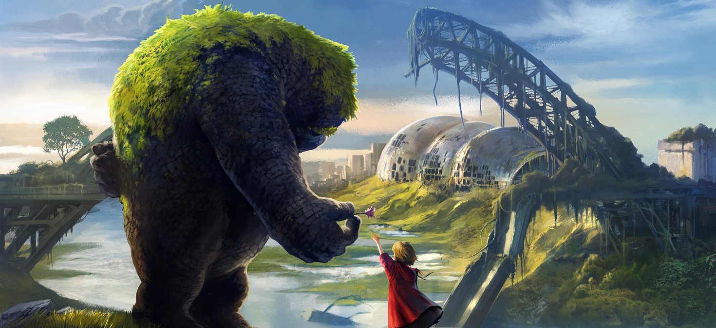 A fantasy scene from The Realm, featuring the character Toro, a golem, and Sarina, a young girl