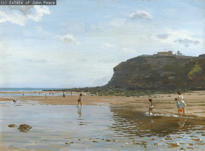 A painted scene of a sunny day at Tynemouth beach.