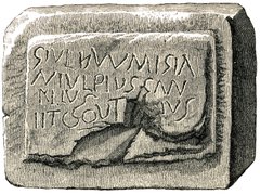Illustration of a stone, partially broken, with Roman writing