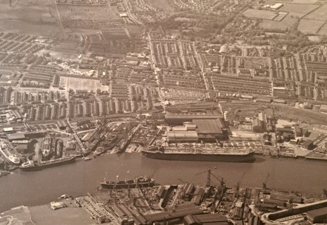Aerial view of the River Tyne ship yards, taken from the east, circa 1947