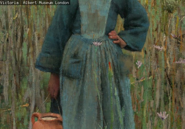 A young girl stood in a field in blue clothes carrying a jar